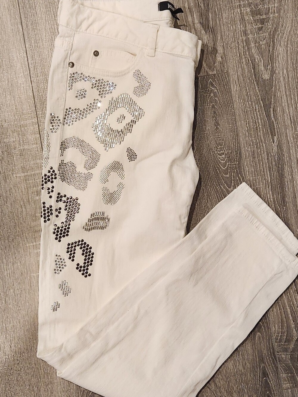 Just Cavalli White Skinny Jeans with Silver Rhinestone Leopard Print